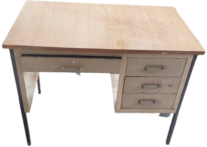 1970 METAL CELİK VE UZERİ  FORMİKA AHŞAP ÖĞRETMEN MEMUR ÇALIŞMA MASASI 4 CEKMECELİ 