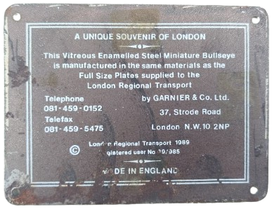 ORİJİNAL LONDRA METROSU MİNYATÜR MİNELİ METEL TABELA 1989 GARNIER CO