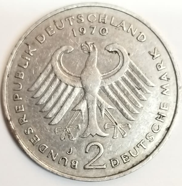ALMANYA FEDERAL CUMHURİYETİ TARAFINDAN 1970 YILINDA BASILMIŞ ORİJİNAL 2 DEUTSCHE MARK MADENİ PARASIDIR.