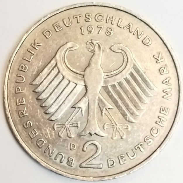 ALMANYA FEDERAL CUMHURİYETİ TARAFINDAN 1978 YILINDA BASILMIŞ ORİJİNAL 2 DEUTSCHE MARK MADENİ PARASIDIR.