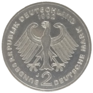 ALMANYA FEDERAL CUMHURİYETİ TARAFINDAN 1992 YILINDA BASILMIŞ ORİJİNAL 2 DEUTSCHE MARK MADENİ PARASIDIR.
