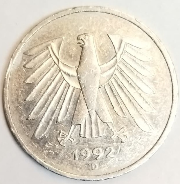 GERMANYA DARPHANESİ TARAFINDAN 1992 YILINDA BASILMIŞ ORİJİNAL 5 DEUTSCHE MARK 